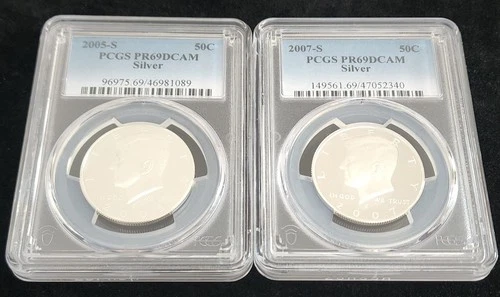 LOT of (2) 90% SILVER PCGS PR69 KENNEDY HALF DOLLAR - 2005S - 2007S