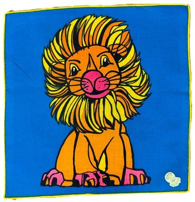 MWT Vtg. DESCO Swiss Hanky MOD POP ART LION Blue Background