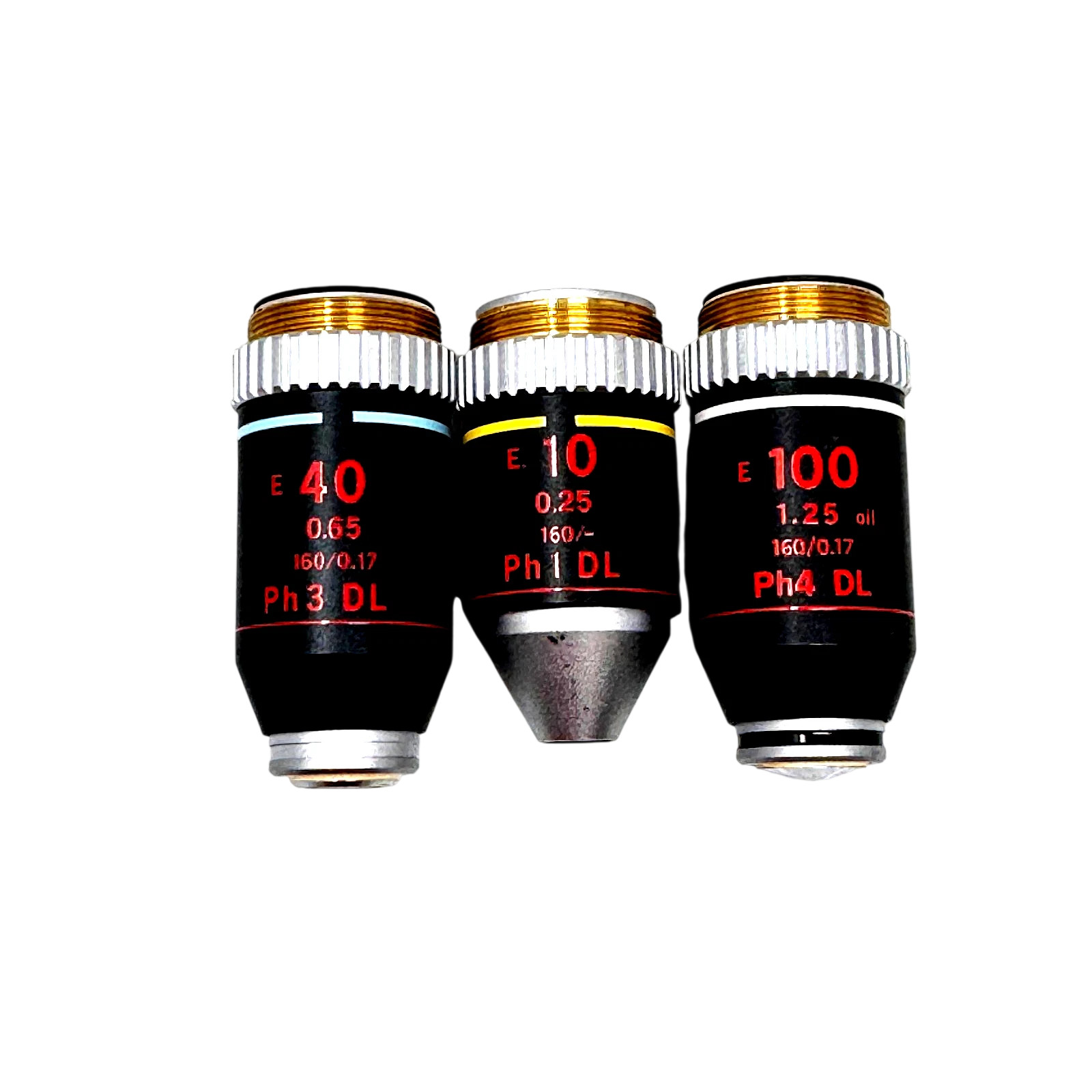 Nikon Phase Contrast Microscope Objective Set -E 10x, E 40x, E 100x Oil DL Ph1-4