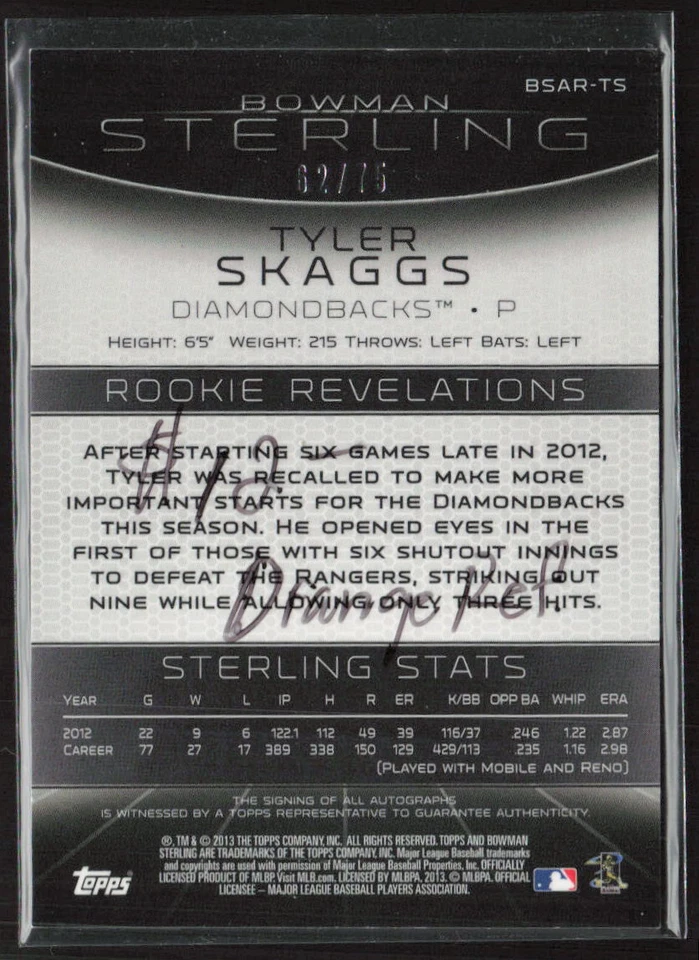 2013 Bowman Sterling #BSAR-TS Tyler Skaggs Orange Refractor Rookie Auto /75 - Image 2 of 2
