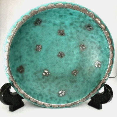 Gustavsberg Argenta Swedish stoneware bowl with silver flowers and trim