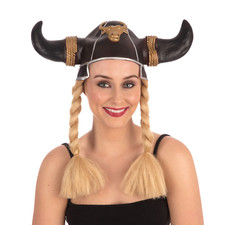 Viking Helmet with Blonde Plaits Hair Medieval Hat Fancy Dress Costume Accessory