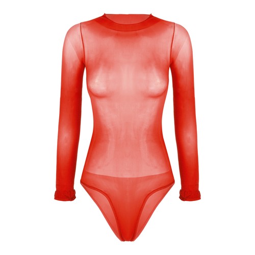 Damen Hochglanz Mesh durchsichtig Body Rundhals Langarm dehnbar Trikot - Bild 7 von 88