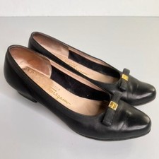 Ferragamo Vintage Black Leather Low Heel Ballerina Ribbon Bow Detail Shoe 6.5 AA