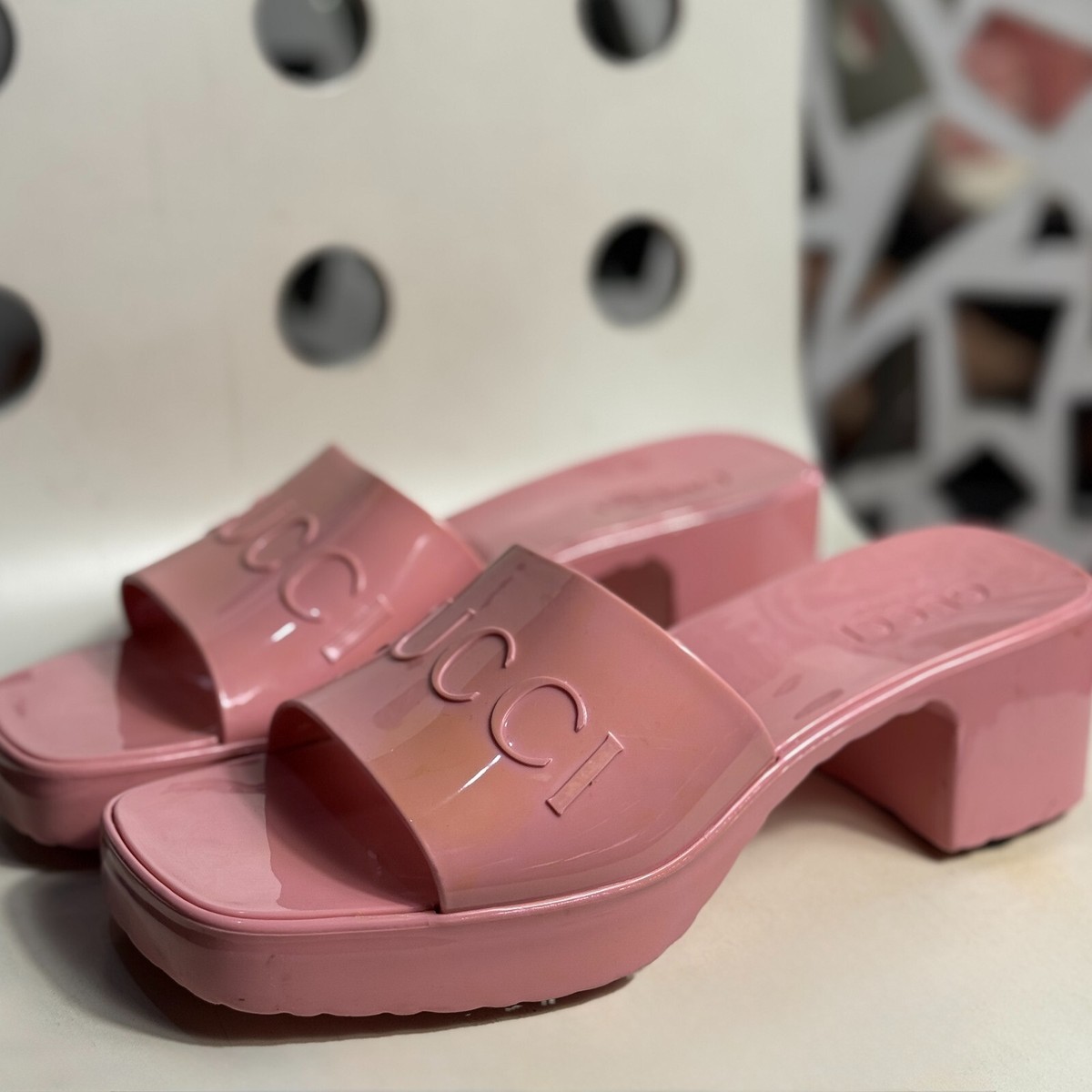 Gucci pink rubber embossed logo block heel slide sandals for