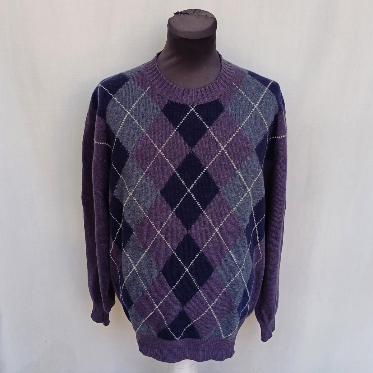 Ermenegildo Zegna Argyle Wool Crew Neck Pullover Sweater L/S