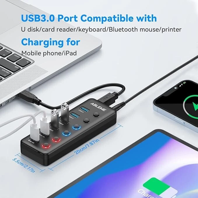 ABLEWE Hub USB 3.0 Alimentato 6 In 1, con 4 Porte USB 3.0 e 2 Porte Ricarica - Immagine 3 di 4