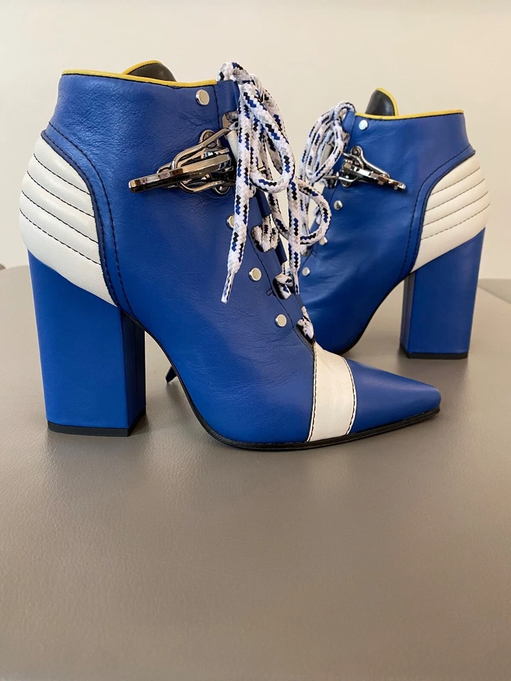 Botines Emilio Pucci EUR 37/US 7 Cuero Azul Real 4 Pulgadas Tacón Cremallera Lateral Foto 3 de 4