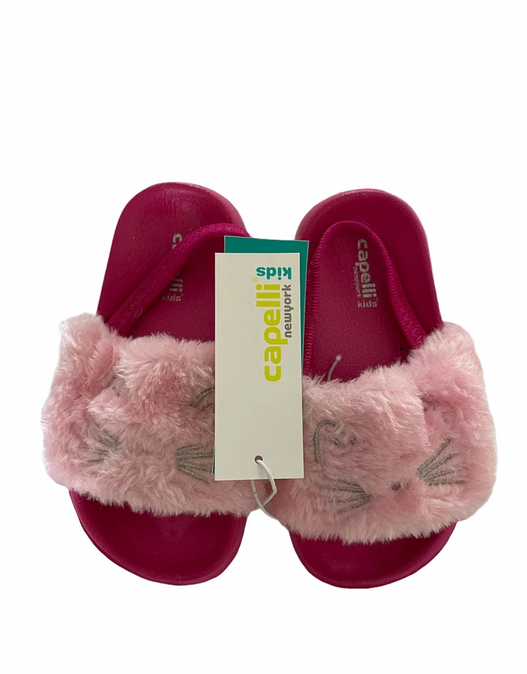 Capelli New York Kids Girls Pink Faux Fur Slippers with Elastic Back - Image 2 of 3