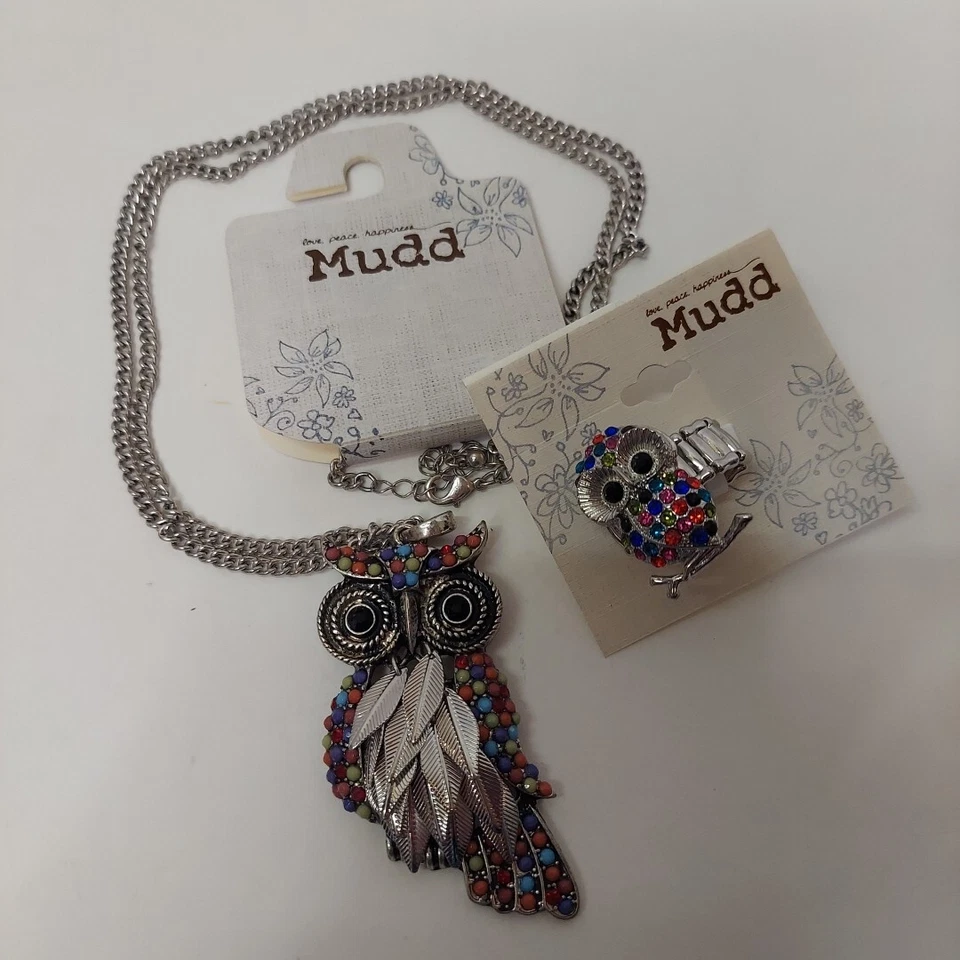 NUEVO CON ETIQUETAS Collar Colgante Búho Plata Mudd y Anillo Ajustable Estrás Multicolor  Foto 2 de 4