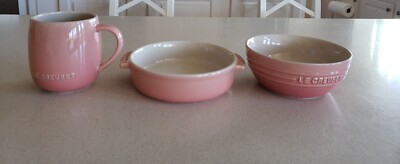 le creuset salmon Pink Breakfast Set (mug/cup, tapas plate, bowl)