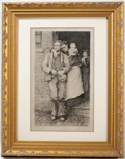 Beautiful Antique Etching of Poor Family in Doorway "On Strike" Gold Framed