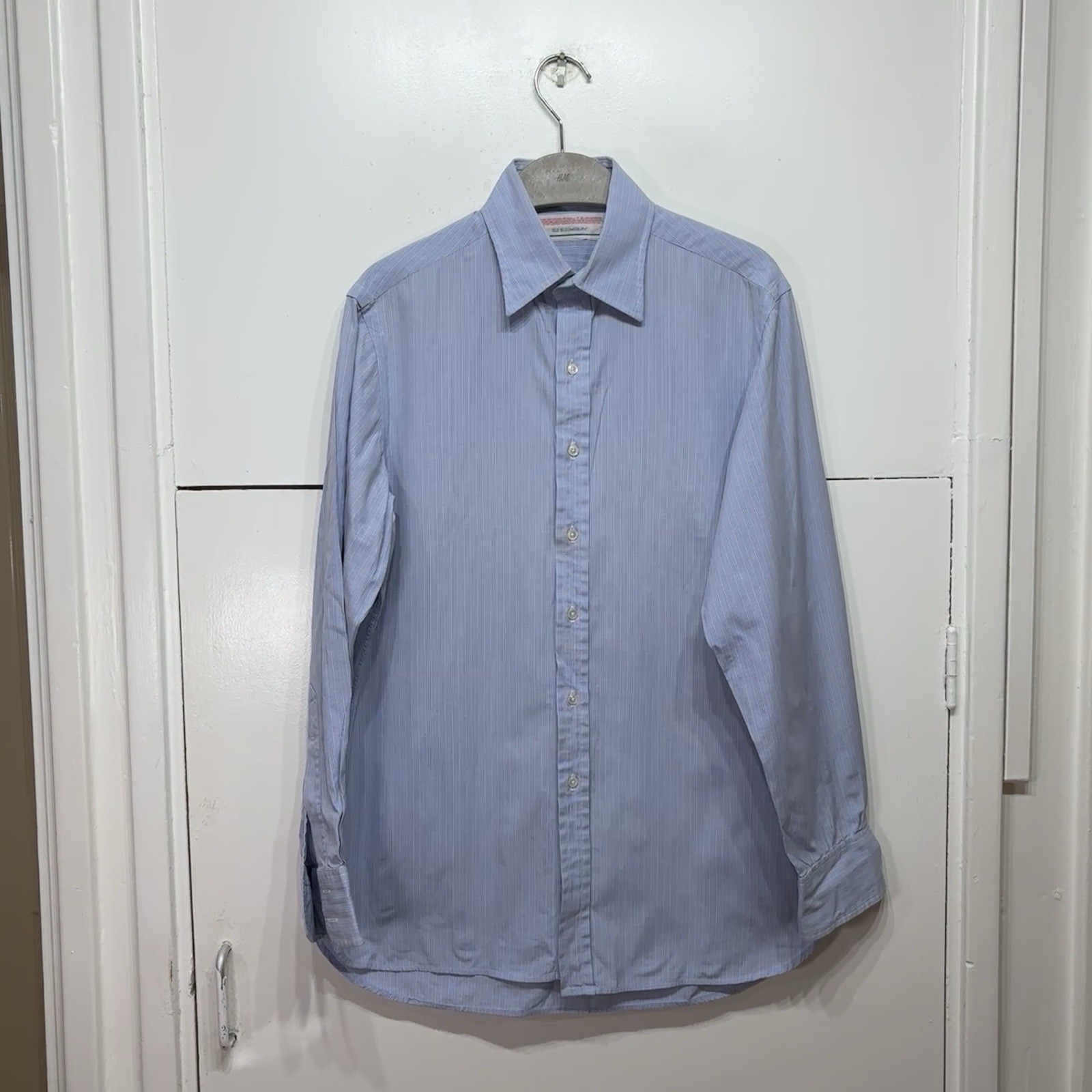 Camicia Connock & Lockie blu rosa su misura manica lunga bottoni polsino Savile fila 16"