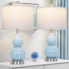 22 Double Gourd Ceramic Table Lamps Set of 2, Blue Modern Bedside Lamps for Livi