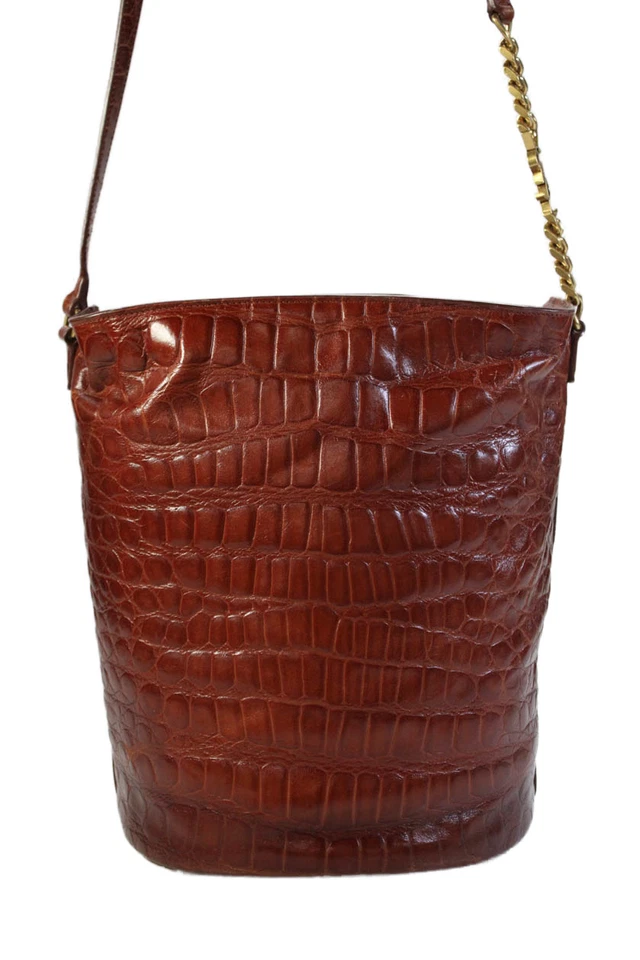 Saint Laurent Womens Embossed Leather Adjustable Zip Up Shoulder Handbag Brown - Image 2 of 4