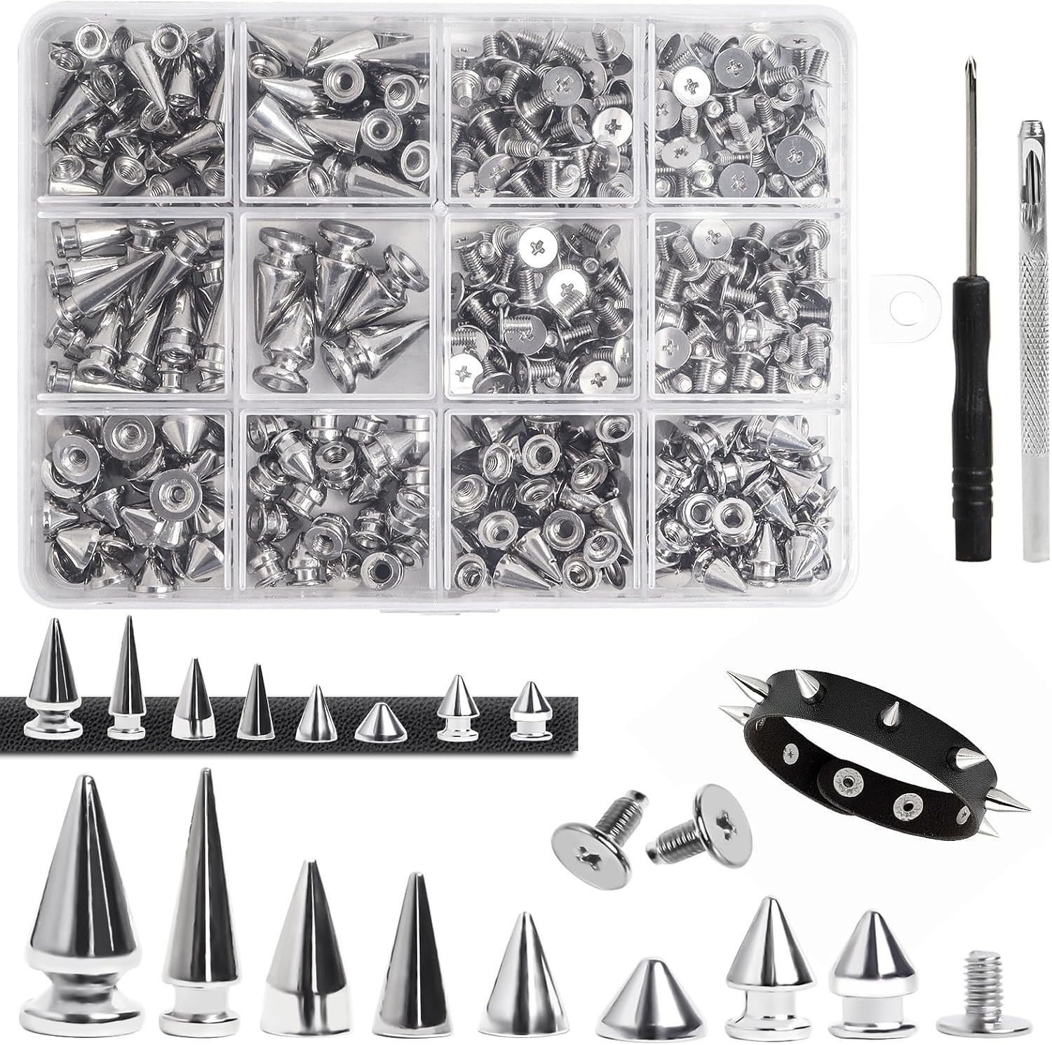 394 Pieces Punk Spikes and Studs Kit 8 Sizes Cone Spikes Screwback Studs Rive...