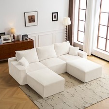 L-Shaped Sectional Sofa with Chaise, Cloud Couch 3-Seater Corduroy Beige