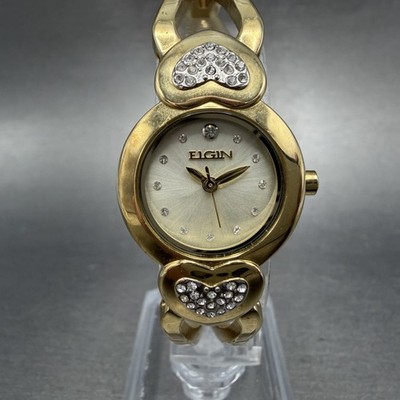 Elgin Watch Women 22mm Champagne Dial Gold Tone Hearts Crystals New Battery