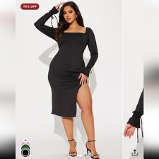 Nwt Fashion nova black square neck bodycon midi dress with high slit 1x