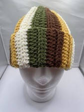 Handmade Crochet Beanie Fall Colors Green/Brown/Mustard/Cream. Adult Size Hat.