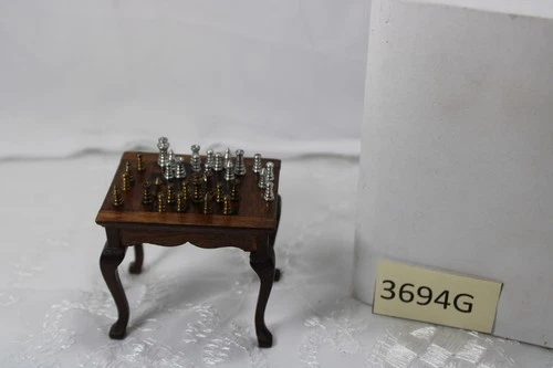 DOLLHOUSE MINIATURE 1970’S VINTAGE WOOD CHESS TABLE WITH METAL CHESS PIECES