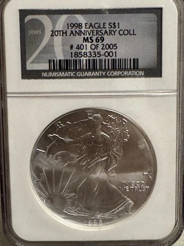 1998 AMERICAN SILVER EAGLE NGC MS69 20TH ANNIVERSARY BLACK LABEL 401/2005