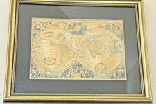 Antique Style World Map Print &ndash; Hondius 1630 Double Hemisphere &ndash; Framed Wall Art