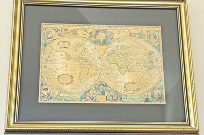 Antique Style World Map Print   Hondius 1630 Double Hemisphere   Framed Wall Art