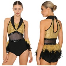 Womens Jumpsuit Sleeveless Bodysuit Mesh Leotard Cha-cha Dance Costume Sequin