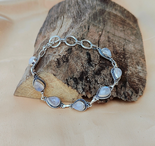 Bracelet En Argent 925 Avec Pierre De Lune & Topaze Bleue - Ajustable - Fait Main En Inde - Neuf Sans Emballage
