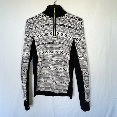 Skyr Women Athletic Nordic Ski Sweater Black White Quarter Zip Thumb Holes Large