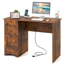 43" Home Office Desk Compact Study Writing Desk with 2 Drawers Charging Station