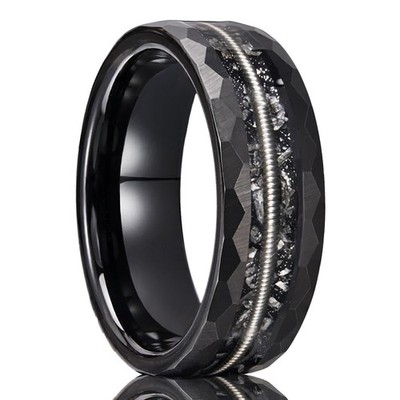 Tungsten Carbide Rings for Men Black Hammered 8mm Inlaid Guitar Strings and M...