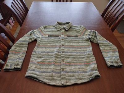 LL Bean Men's Large Green Striped Sweater Fleece Shirt Jacket Slightly Fitted EU