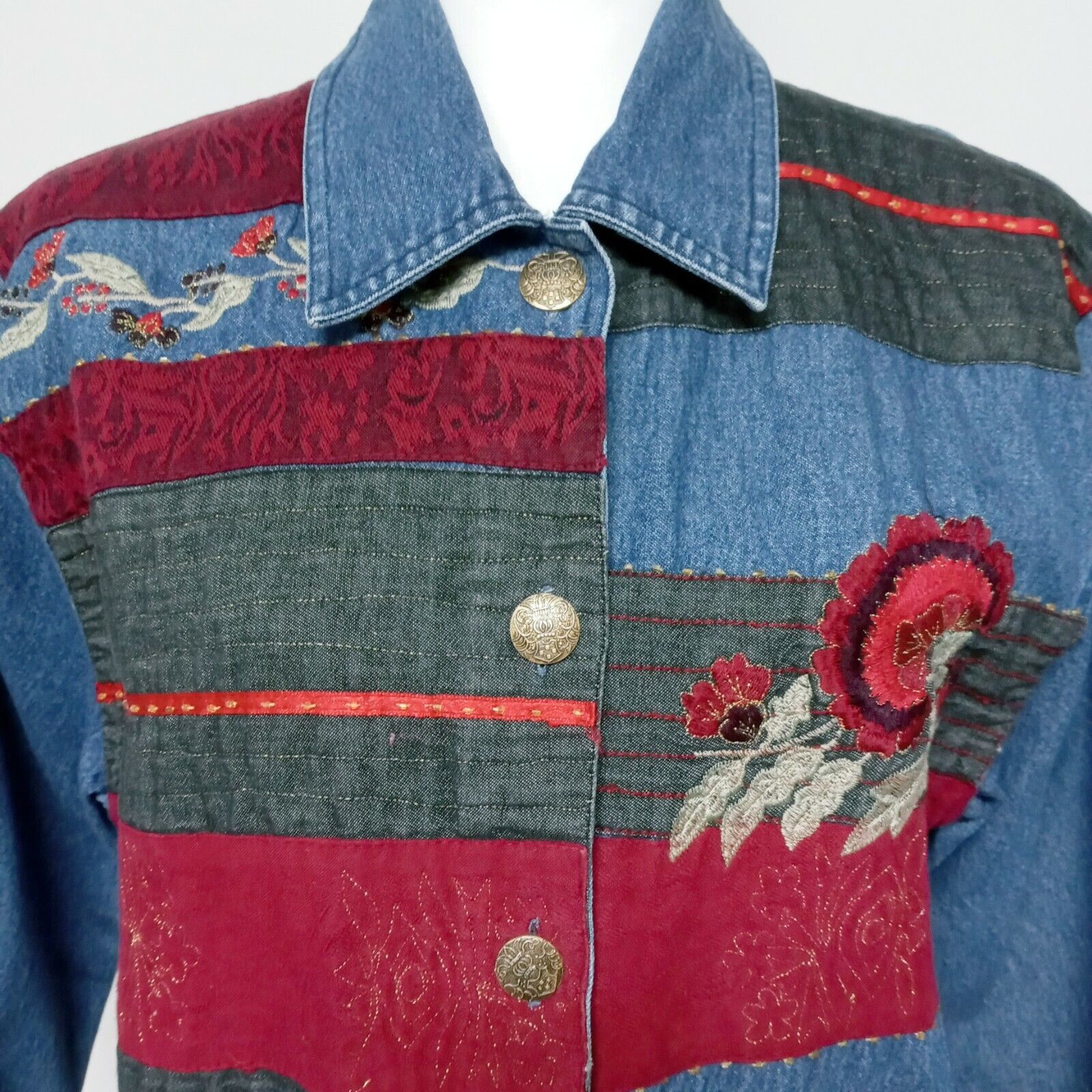Vintage Patchwork Jean Jacket Blazer Embroidered … - image 8