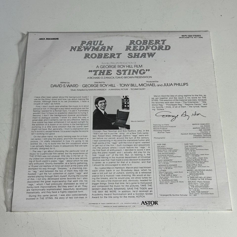 The Sting Original Motion Picture Soundtrack Vinyl LP Astor Record 1974 MAPS7220 - Image 4 of 4