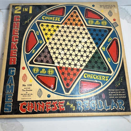 Vintage 2in1 Metal Chinese Checkers & Checkers Game by Ohio Art Original Box 538