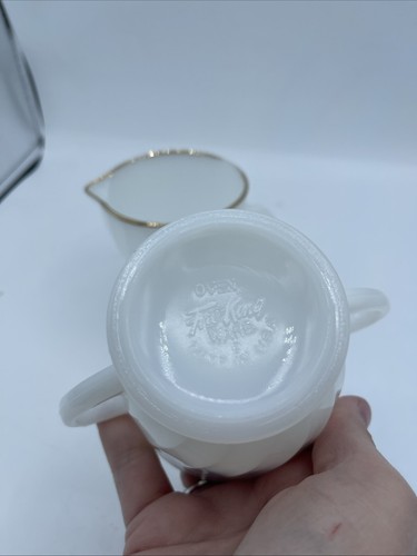 Vaso de leche Anchor Hocking Fire King remolino oro blanco crema y azúcar vintage - Imagen 5 de 7