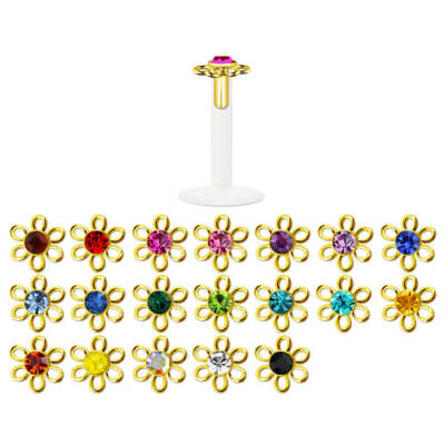   1,2 mm Lippenpiercing, Labret - Kristall, Blume - goldfarben - Bioflex (divers