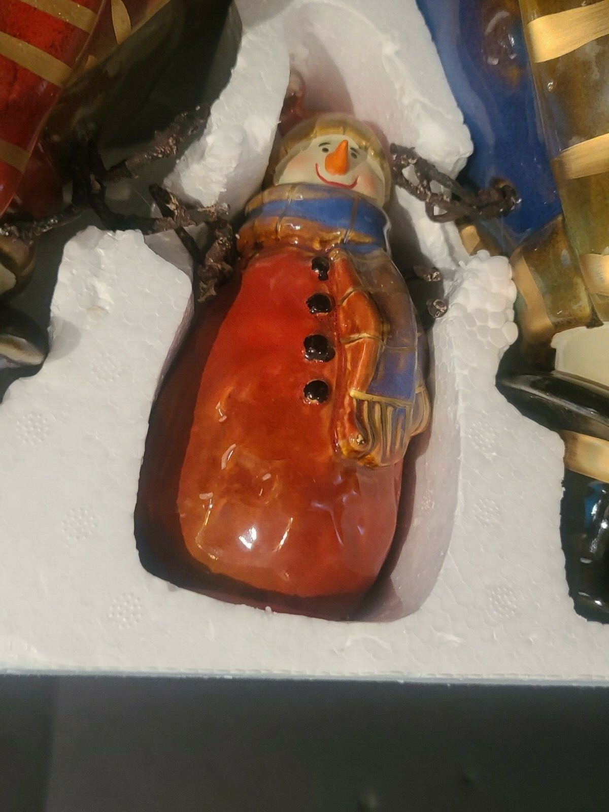 VINTAGE KIRKLANDS POTTERS GARDEN CERAMIC SNOWMAN FAMILY W/ MIRROR IOB