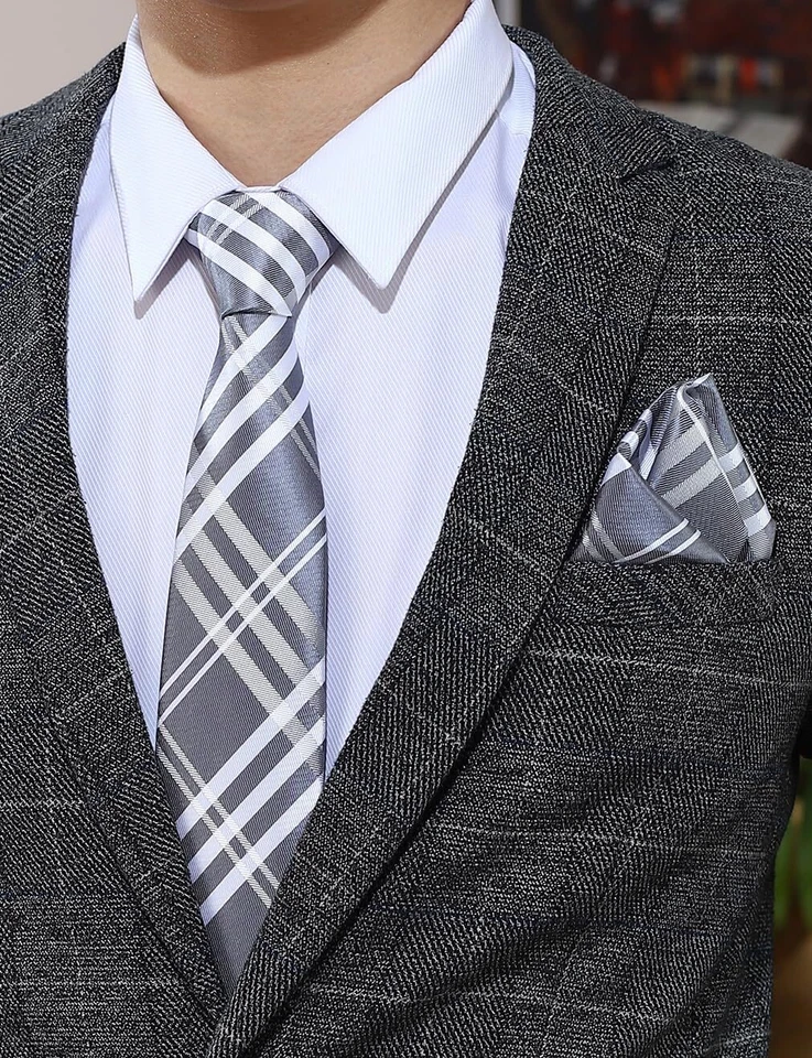 Conjunto de corbatas grises a rayas para hombre y cuadrado de bolsillo formal 3,15"8... Foto 2 de 4