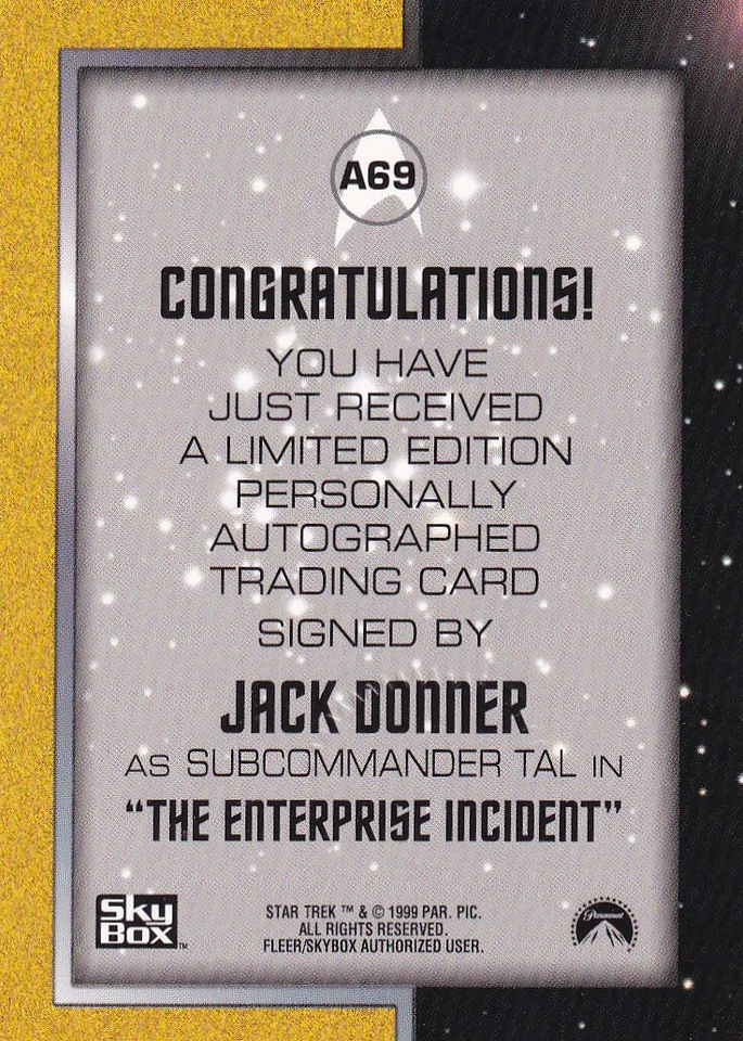 Star Trek TOS Autograph Card A69 Jack Donner as Subcomander Tal - Imagem 2 de 2