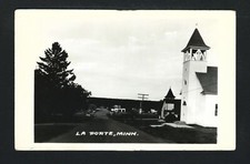 LaPorte Minnesota MN c1950s RPPC Church Downhill to Gas & Service Station, Lake