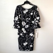 Calvin Klein Bell Cuff Puff Sleeve Sheath Dress Black Floral 4