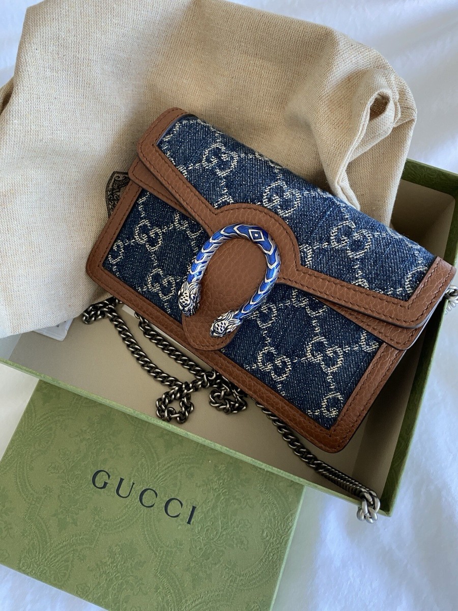 Authentic Gucci Dionysus Super Mini Leather Blue Denim-jacquard