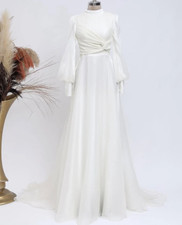 Muslim Chiffon Wedding Dress Puffy Long Sleeve High Neck Full Length Bridal Gown