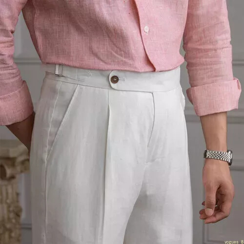 Italian Men100% Linen Naples Trousers Pants High Waist Dress Pant  Breathable Hot | eBay