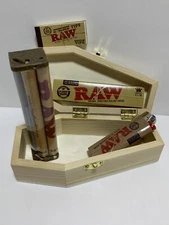 New Wood Coffin RYO Smokers Box with RAW King Size papers, tips, roller, lighter