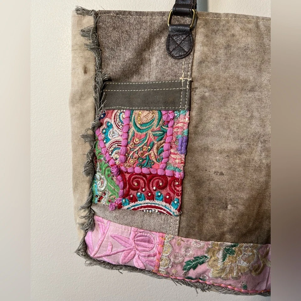 Vintage Addiction Tote Bag Recycled Tent Embroidered Textiles Distressed Boho - Image 4 of 4