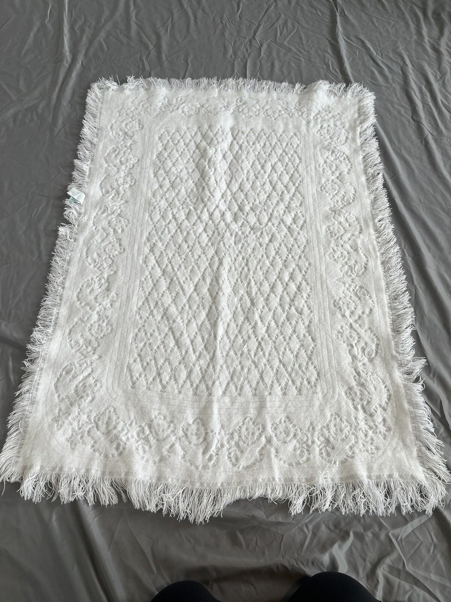Bright Future White Woven Baby Blanket Blue Fringe Stars Bear RARE - Main Image